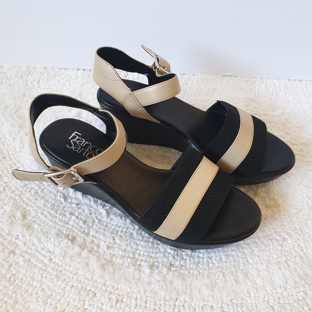 Franco Sarto black beige tan flatform heel sandal US 8 Pre-owned excellent
